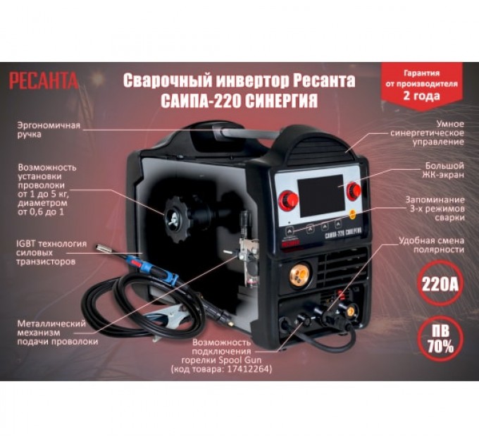 Аппарат сварочный полуавтом. инвер. Ресанта САИПА-220 СИНЕРГИЯ )MIG/MAG) 